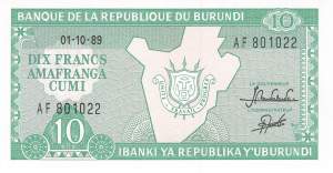 Burundi p33b 10 Francs 1989